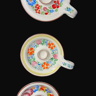 Sale Photo Thumbnail #457: Hand painted. Some pieces have “Chodovia” paper labels. Includes baskets, candle holders, bud vases, pitcher, and more. Total of ten pieces. Measurement of largest: 5”H. [RE]