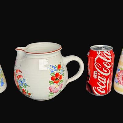 Sale Photo Thumbnail #456: Hand painted. Some pieces have “Chodovia” paper labels. Includes baskets, candle holders, bud vases, pitcher, and more. Total of ten pieces. Measurement of largest: 5”H. [RE]