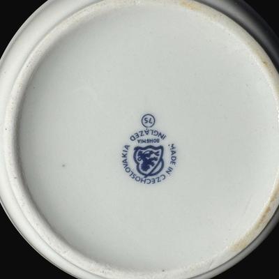 Sale Photo Thumbnail #465: Includes coffee pot, creamers, sugar bowls, plates, bowls, serving tray, and more. Total of 40+ pieces from various manufacturers. One cup has a chip. [RE]