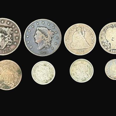 Sale Photo Thumbnail #468: **WIRE TRANSFER IS REQUIRED IF SHIPPED.** Includes two large cents (1833 and 1835); one 1865 two cent piece; one 1877 Seated Liberty quarter; one 1897 Barber quarter; two 1865 three cent pieces; and one 1859 Seated Liberty half dime. Total of eight pieces