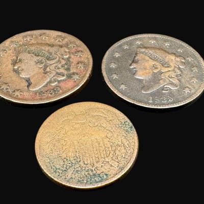 Sale Photo Thumbnail #469: **WIRE TRANSFER IS REQUIRED IF SHIPPED.** Includes two large cents (1833 and 1835); one 1865 two cent piece; one 1877 Seated Liberty quarter; one 1897 Barber quarter; two 1865 three cent pieces; and one 1859 Seated Liberty half dime. Total of eight pieces