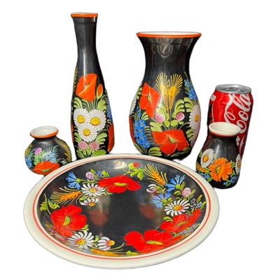 Sale Photo Thumbnail #491: Includes vases and a plate. Makers include Ditmar Urbach, Chodovia Domazlice, and more. Total of five pieces. Measurement of plate: 8.75” Diameter. [RE]