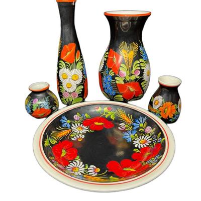 Sale Photo Thumbnail #490: Includes vases and a plate. Makers include Ditmar Urbach, Chodovia Domazlice, and more. Total of five pieces. Measurement of plate: 8.75” Diameter. [RE]