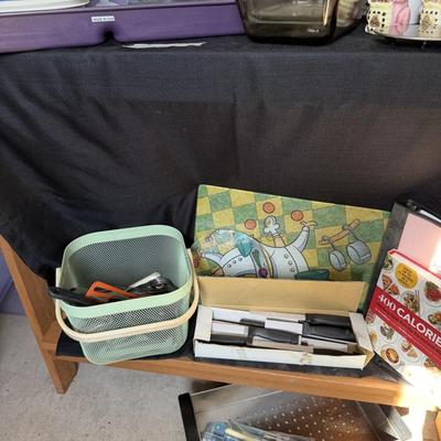 Sale Photo Thumbnail #135: Bowls, knives,silverware, corning ware, Pyrex, marble mortar & pestle, Bbq pan.