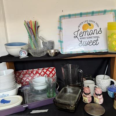 Sale Photo Thumbnail #134: Bowls, knives,silverware, corning ware, Pyrex, marble mortar & pestle, Bbq pan.