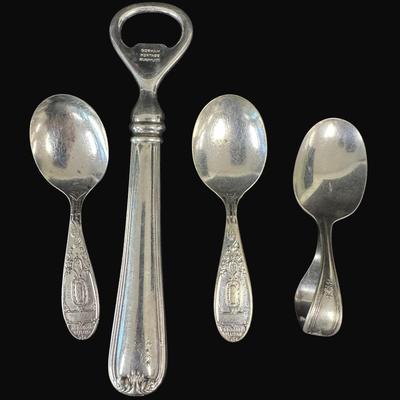 Sale Photo Thumbnail #525: Includes three infant spoons, a bottle opener, a 1971 Eisenhower dollar, and a Desert Storm coin. [RM]