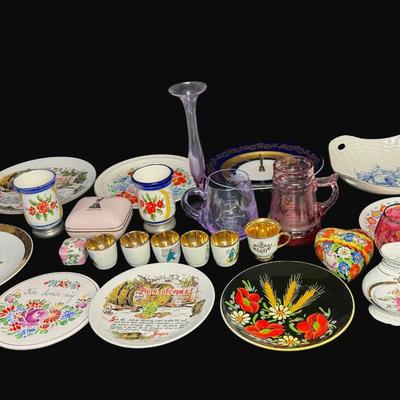 Sale Photo Thumbnail #531: Includes stemware, a pitcher, cups, a vase, glasses, plates, and more. Makers include Moser, Keramix, H&C, and more. Mostly Bohemian. Construction is glass, porcelain, and more. Total of 35+ pieces. Pre-auction estimate: $200-$300. [RE]