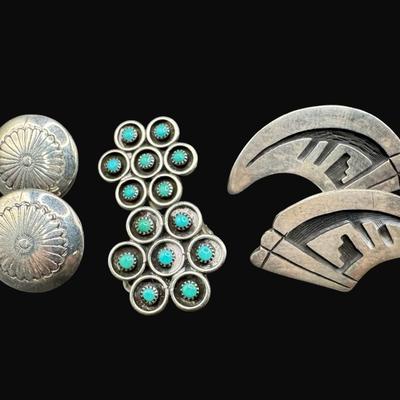 Sale Photo Thumbnail #545: **WIRE TRANSFER IS REQUIRED IF SHIPPED.** [21.84g] Includes Zuni style earrings, Navajo style earrings, and other Southwest style earrings. All are clip-ons. Measurement of largest: 1.25”. Silver content confirmed using Niton XRF precious metals analyze