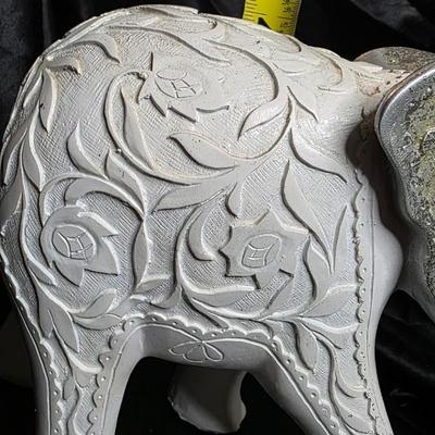 Vintage Ceramic Elephant Figurine - Floral Engraved Lucky Trunk Up Decor