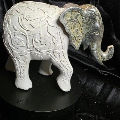 Vintage Ceramic Elephant Figurine - Floral Engraved Lucky Trunk Up Decor