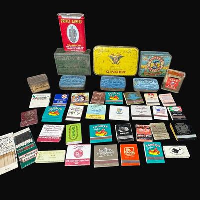 Sale Photo Thumbnail #557: Includes tobacco tins and matchbooks, Names include Ginger, Players, Edgeworth, and more. Also includes a razor blade safe. Total of 40 pieces. [CS]
