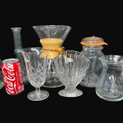 Sale Photo Thumbnail #574: Includes a Chemex pour over coffee maker, an Italian glass bottle, a medium pitcher, Waterford Marquis, and more. Total of seven pieces. Measurement of tallest: 9”H. [CS]