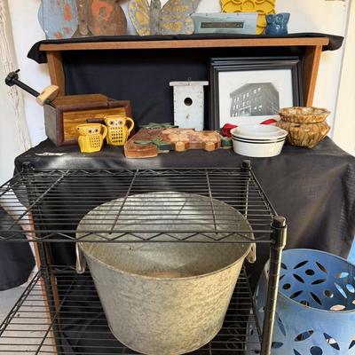 Sale Photo Thumbnail #196: Metal tub, Metal butterflies, shelf, wood owl, and more.