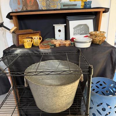Sale Photo Thumbnail #199: Metal tub, Metal butterflies, shelf, wood owl, and more.