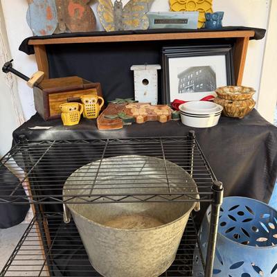 Sale Photo Thumbnail #195: Metal tub, Metal butterflies, shelf, wood owl, and more.