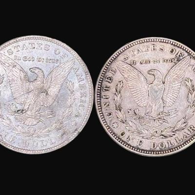 Sale Photo Thumbnail #591: **WIRE TRANSFER IS REQUIRED IF SHIPPED.** Includes an 1885-O (New Orleans), and a 1921 Philadelphia. Both are believed to be almost uncirculated. Silver content is 90%, **ALL PRECIOUS METALS SALES ARE FINAL. NO REFUNDS WILL BE GIVEN FOR ANY REASON.** [AG]