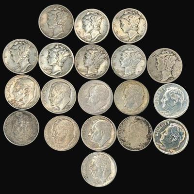 Sale Photo Thumbnail #593: **WIRE TRANSFER IS REQUIRED IF SHIPPED.** Includes Eisenhower dimes and Mercury dimes. Various dates. Total of 19 pieces. All are believed to be circulated. Silver content is 90%. **ALL PRECIOUS METALS SALES ARE FINAL. NO REFUNDS WILL BE GIVEN FOR ANY REA