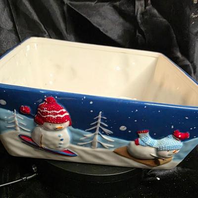 St. Nicholas Square Let It Snow Ceramic Baking Dish - 10.25" Snowman Winter Scene