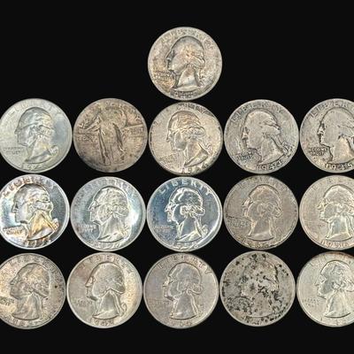 Sale Photo Thumbnail #597: **WIRE TRANSFER IS REQUIRED IF SHIPPED.** Includes 15 pre-1964 Washington quarters with various dates, and one illegibly dated Standing Liberty quarter. Total of 16 pieces. Silver content is 90%. Some are uncirculated. **ALL PRECIOUS METALS SALES ARE FINA