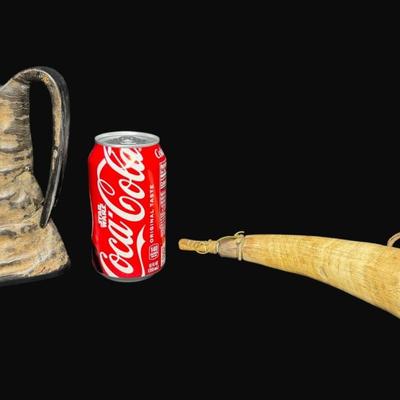 Sale Photo Thumbnail #642: Includes a powder horn and tankard. Age related wear. Measurement of tallest: 6.5”. [CS]