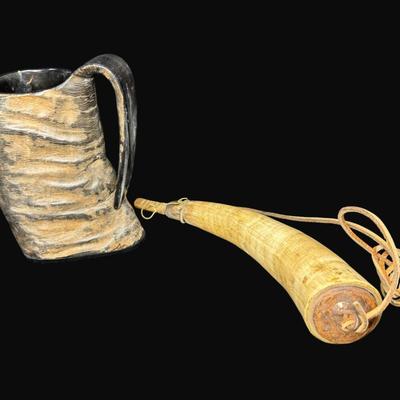 Sale Photo Thumbnail #641: Includes a powder horn and tankard. Age related wear. Measurement of tallest: 6.5”. [CS]