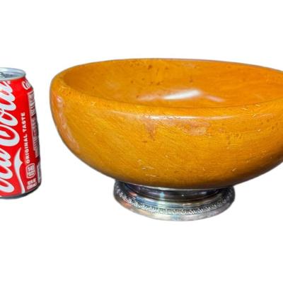 Sale Photo Thumbnail #650: This bowl features a birch wood bowl on a sterling silver base. Age related wear. Measurement: 10” Diameter. [CS]
