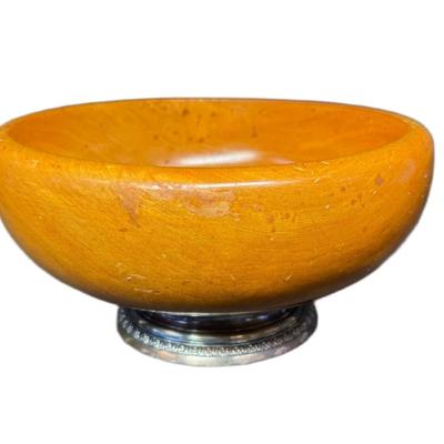 Sale Photo Thumbnail #649: This bowl features a birch wood bowl on a sterling silver base. Age related wear. Measurement: 10” Diameter. [CS]