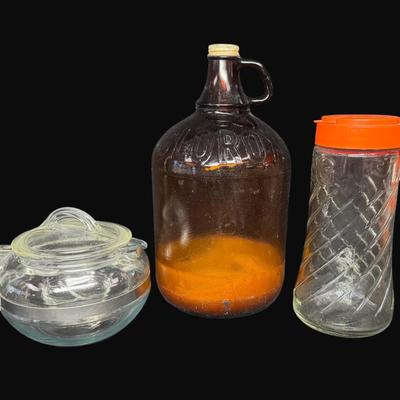 Sale Photo Thumbnail #675: Includes a Pyrex Flameware tea kettle, a vintage Clorox bottle, and a vintage Tang pitcher. Total of three pieces. [CS]