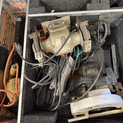 Sale Photo Thumbnail #210: Power Tools, Large rolling Box, New Auger, And Gas cans.
