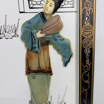 Asian Relief Lacquer Panels Vintage c. 1970 pair