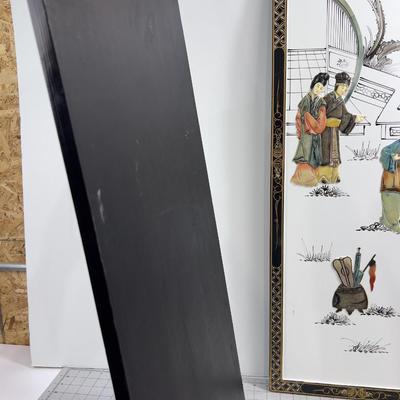 Asian Relief Lacquer Panels Vintage c. 1970 pair