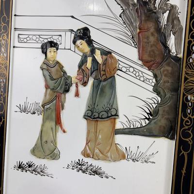 Asian Relief Lacquer Panels Vintage c. 1970 pair