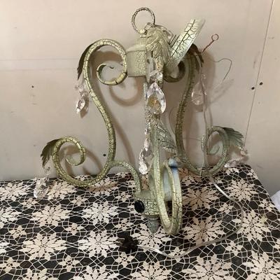 Sale Photo Thumbnail #68: Green and off white crackled metal chandelier with crystal.