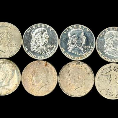 Sale Photo Thumbnail #707: **WIRE TRANSFER IS REQUIRED IF SHIPPED.** Includes four Franklin half dollars, three Kennedy half dollars, and one Standing Liberty half dollar. Total of eight pieces. All have dates of 1964 or earlier. Silver content is 90%. **ALL PRECIOUS METALS SALES A