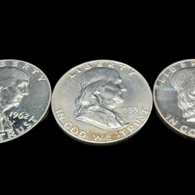 Sale Photo Thumbnail #708: **WIRE TRANSFER IS REQUIRED IF SHIPPED.** Includes four Franklin half dollars, three Kennedy half dollars, and one Standing Liberty half dollar. Total of eight pieces. All have dates of 1964 or earlier. Silver content is 90%. **ALL PRECIOUS METALS SALES A