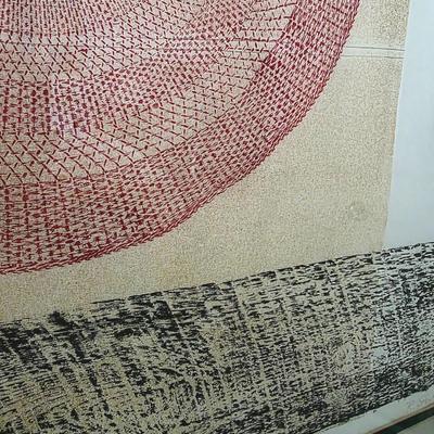 Sale Photo Thumbnail #221: Mid-century modern geometric abstract lithograph, "High on Red" signed by R. Stark and numbered 4/6. Framed and matted.