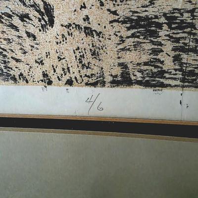 Sale Photo Thumbnail #220: Mid-century modern geometric abstract lithograph, "High on Red" signed by R. Stark and numbered 4/6. Framed and matted.