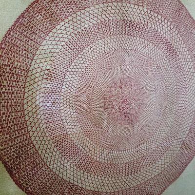 Sale Photo Thumbnail #222: Mid-century modern geometric abstract lithograph, "High on Red" signed by R. Stark and numbered 4/6. Framed and matted.