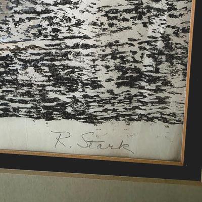 Sale Photo Thumbnail #219: Mid-century modern geometric abstract lithograph, "High on Red" signed by R. Stark and numbered 4/6. Framed and matted.
