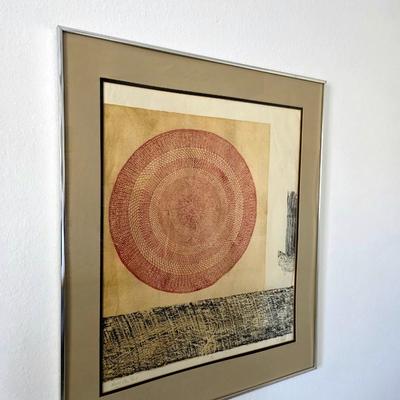 Sale Photo Thumbnail #216: Mid-century modern geometric abstract lithograph, "High on Red" signed by R. Stark and numbered 4/6. Framed and matted.