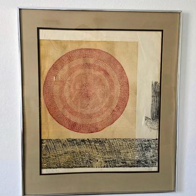 Sale Photo Thumbnail #215: Mid-century modern geometric abstract lithograph, "High on Red" signed by R. Stark and numbered 4/6. Framed and matted.