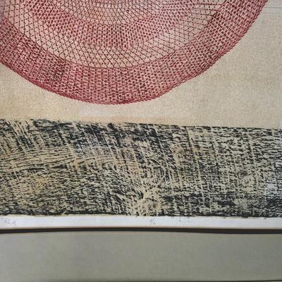 Sale Photo Thumbnail #218: Mid-century modern geometric abstract lithograph, "High on Red" signed by R. Stark and numbered 4/6. Framed and matted.