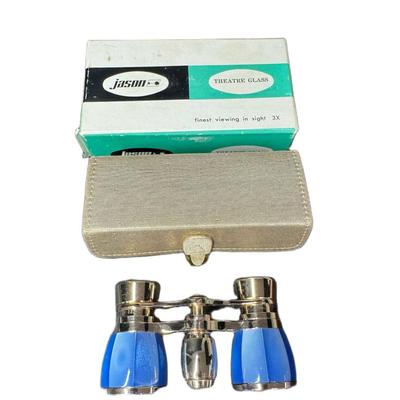 Sale Photo Thumbnail #722: Includes a Stanley London nautical brass compass, a K&E Doric lettering set, and a pair of Jason 2x opera theater glasses. Total of three pieces. Not tested. Measurement of largest: 12.5”. [CS]