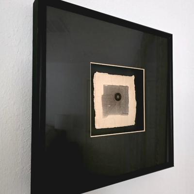 Sale Photo Thumbnail #227: This is a unique abstract raku clay art by Oklahoma mixed media and ceramics artist, Harolyn Long. Signed and framed. Frame measures 12" x 12".