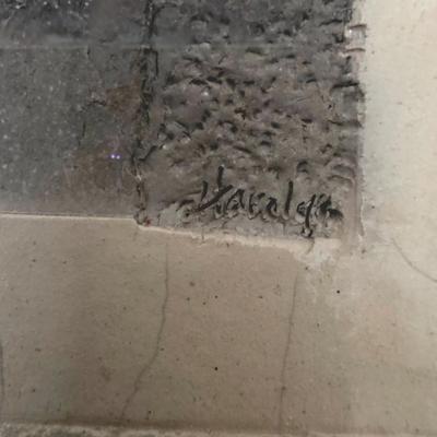 Sale Photo Thumbnail #229: This is a unique abstract raku clay art by Oklahoma mixed media and ceramics artist, Harolyn Long. Signed and framed. Frame measures 12" x 12".