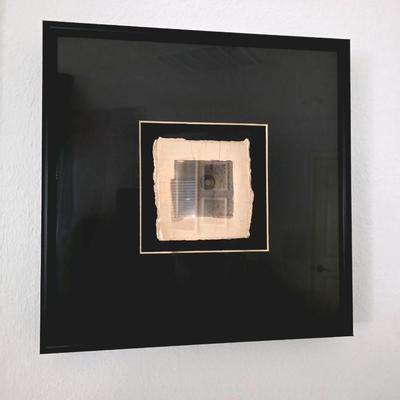 Sale Photo Thumbnail #226: This is a unique abstract raku clay art by Oklahoma mixed media and ceramics artist, Harolyn Long. Signed and framed. Frame measures 12" x 12".