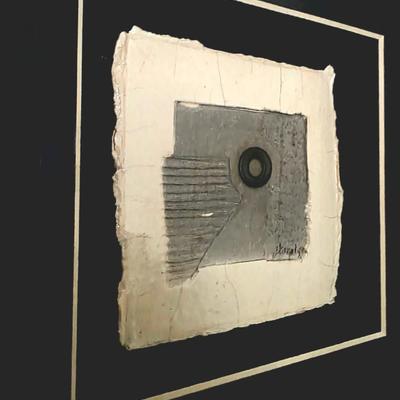 Sale Photo Thumbnail #228: This is a unique abstract raku clay art by Oklahoma mixed media and ceramics artist, Harolyn Long. Signed and framed. Frame measures 12" x 12".