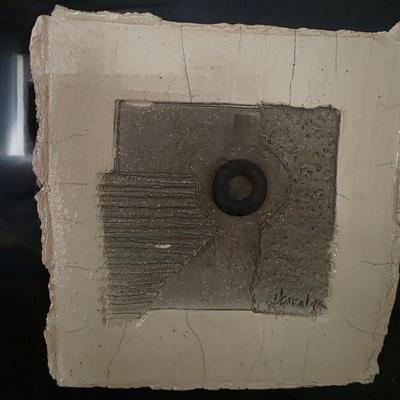 Sale Photo Thumbnail #230: This is a unique abstract raku clay art by Oklahoma mixed media and ceramics artist, Harolyn Long. Signed and framed. Frame measures 12" x 12".