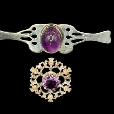 Sale Photo Thumbnail #725: **WIRE TRANSFER IS REQUIRED IF SHIPPED.** [14.62g] Includes a faceted amethyst pin, and a bezel set amethyst cabochon pin. Measurement of largest: 2.75”. Silver content confirmed using Niton XRF precious metals analyzer. **ALL PRECIOUS METALS SALES ARE 