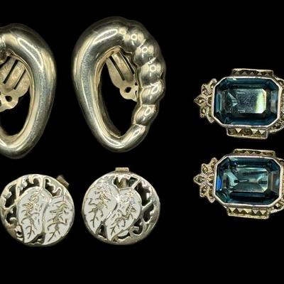 Sale Photo Thumbnail #727: **WIRE TRANSFER IS REQUIRED IF SHIPPED.** [39.81g] Includes Taxco Mexico, Siam (Thailand), and London blue topaz earrings. Total of three pairs. Measurement of largest: 1.75”. Silver content confirmed using Niton XRF precious metals analyzer. **ALL PREC